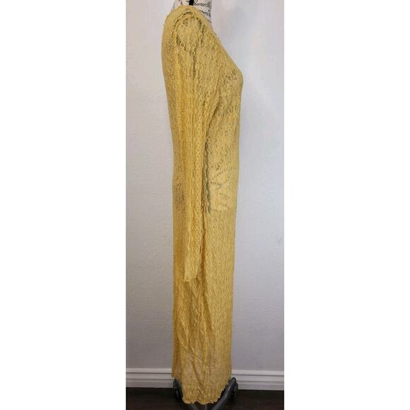 H&M Slip Maxi Dress Sz L/XL Prints Lace Mesh Sheer Yellow Long Sleeves Whimsycal - Picture 5 of 11